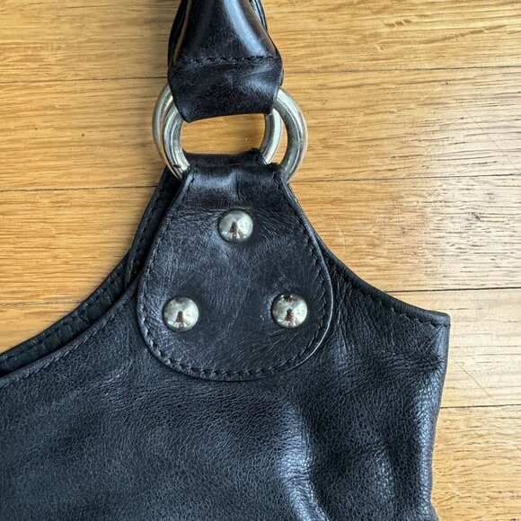 Nordstrom Made in Italy Black Genuine Leather Silver Hardware Tote Shoulder Bag - Picture 9 of 11